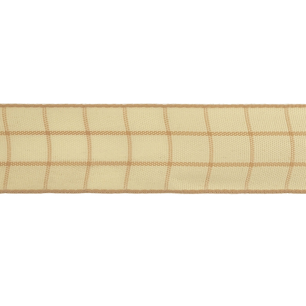 Mellow Buff and Ethereal Green Windowpane Check Woven Ribbon - 1" Detail