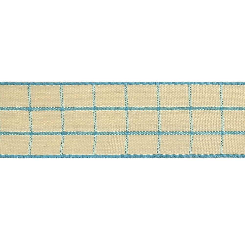 Baltic Sea and Ethereal Green Windowpane Check Woven Ribbon - 1" Detail