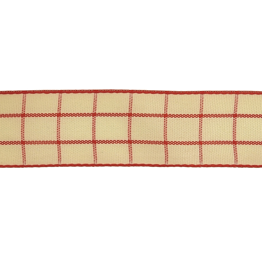 Pointsettia and Ethereal Green Windowpane Check Woven Ribbon - 1" Detail