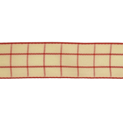 Pointsettia and Ethereal Green Windowpane Check Woven Ribbon - 1" Detail