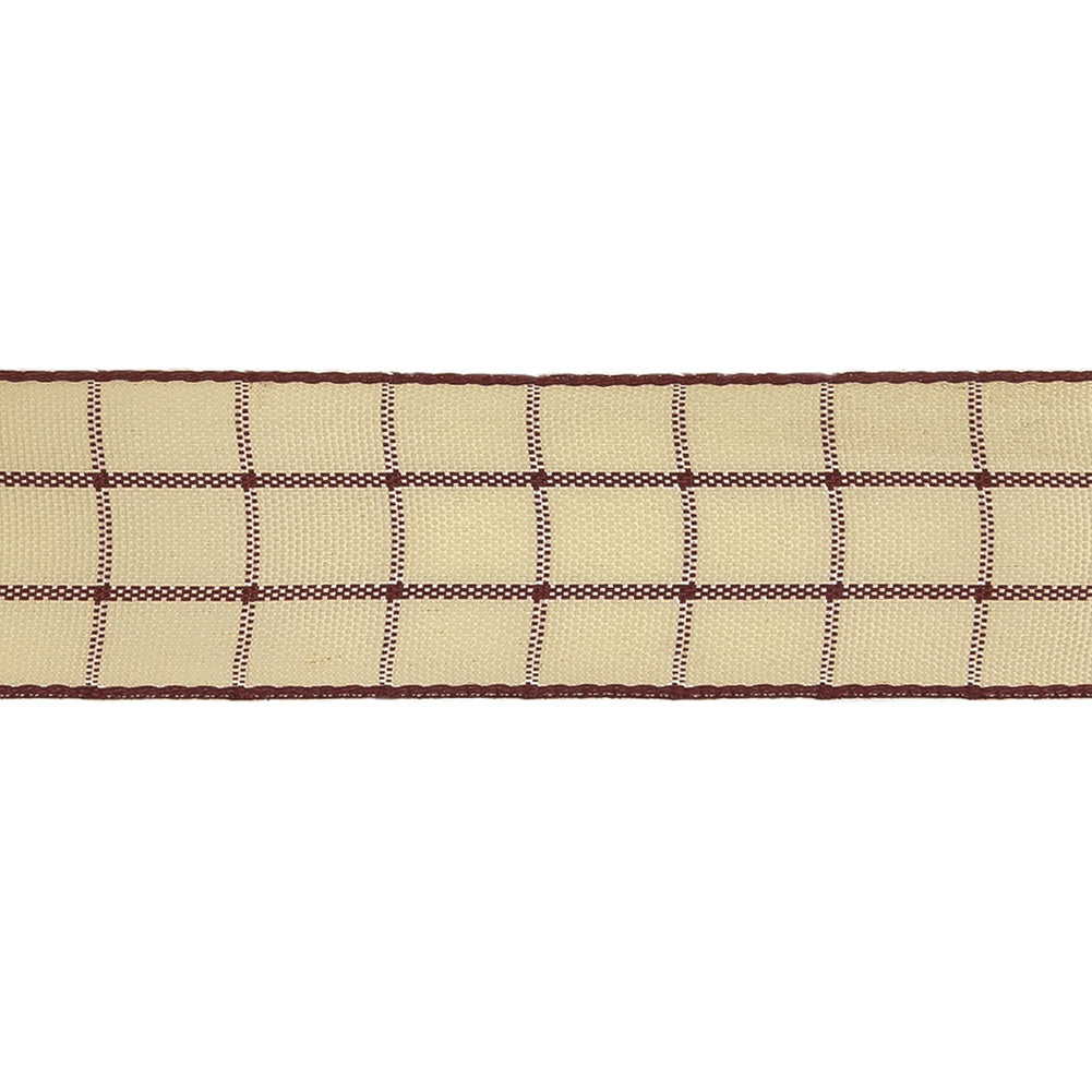 Burgundy and Ethereal Green Windowpane Check Woven Ribbon - 1" Detail