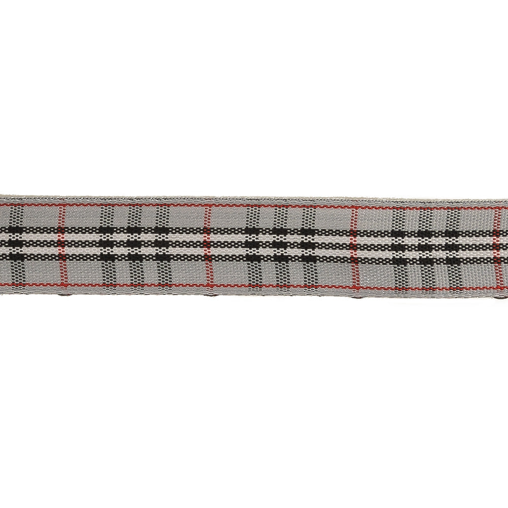Gray, Black and Red Plaid Woven Ribbon - 0.625" Detail