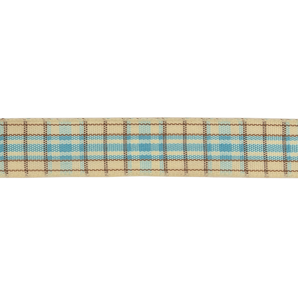 Sky Blue, Brown and Vanilla Ice Plaid Woven Ribbon - 0.625" Detail