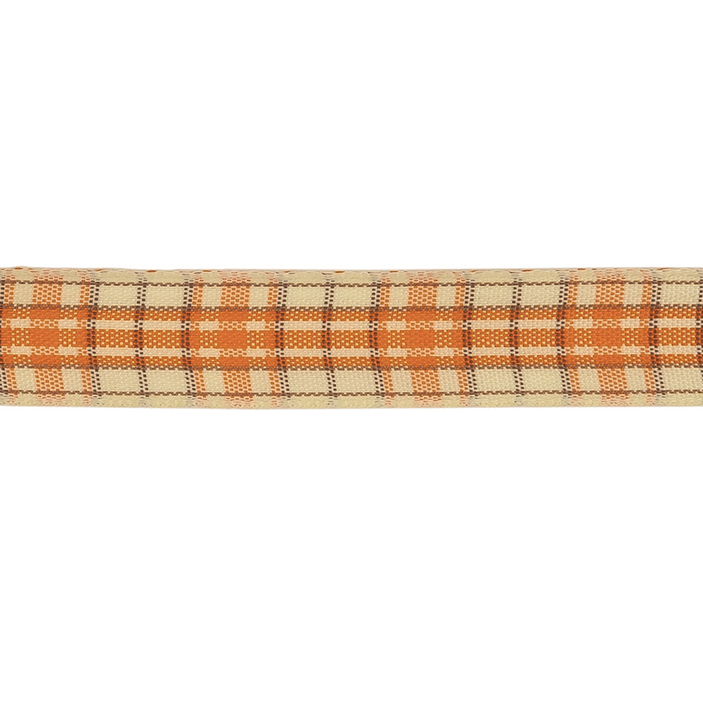 Golden Poppy, Brown and Vanilla Ice Plaid Woven Ribbon - 0.625" Detail
