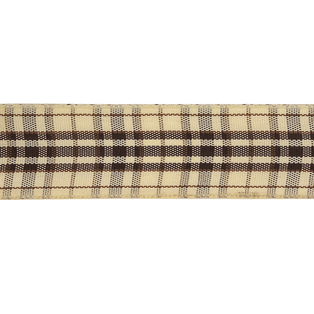 Brown Stone, Tan and Vanilla Ice Plaid Woven Ribbon - 1" Detail