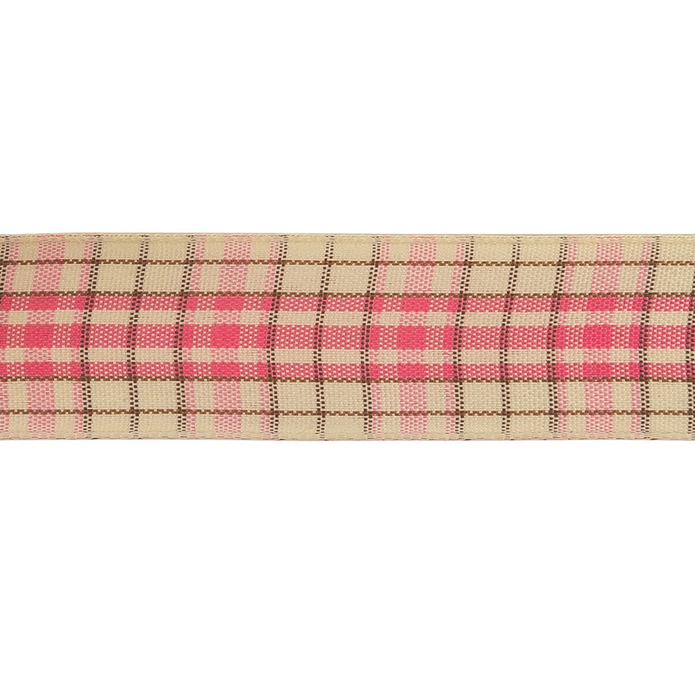 Bubblegum, Brown and Vanilla Ice Plaid Woven Ribbon - 1" Detail