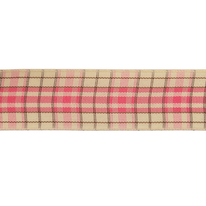 Bubblegum, Brown and Vanilla Ice Plaid Woven Ribbon - 1" Detail