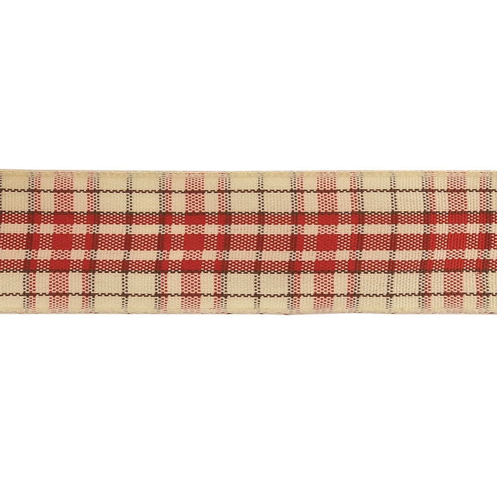 Mars Red, Brown and Vanilla Ice Plaid Woven Ribbon - 1" Detail