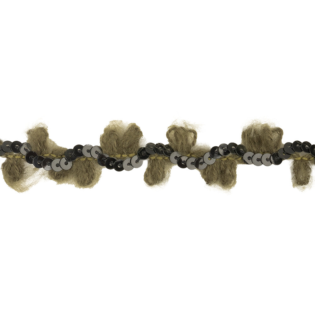 Olive and Forest Fuzzy Loops and Sequins Trim - 0.875" Detail