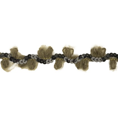 Olive and Forest Fuzzy Loops and Sequins Trim - 0.875" Detail