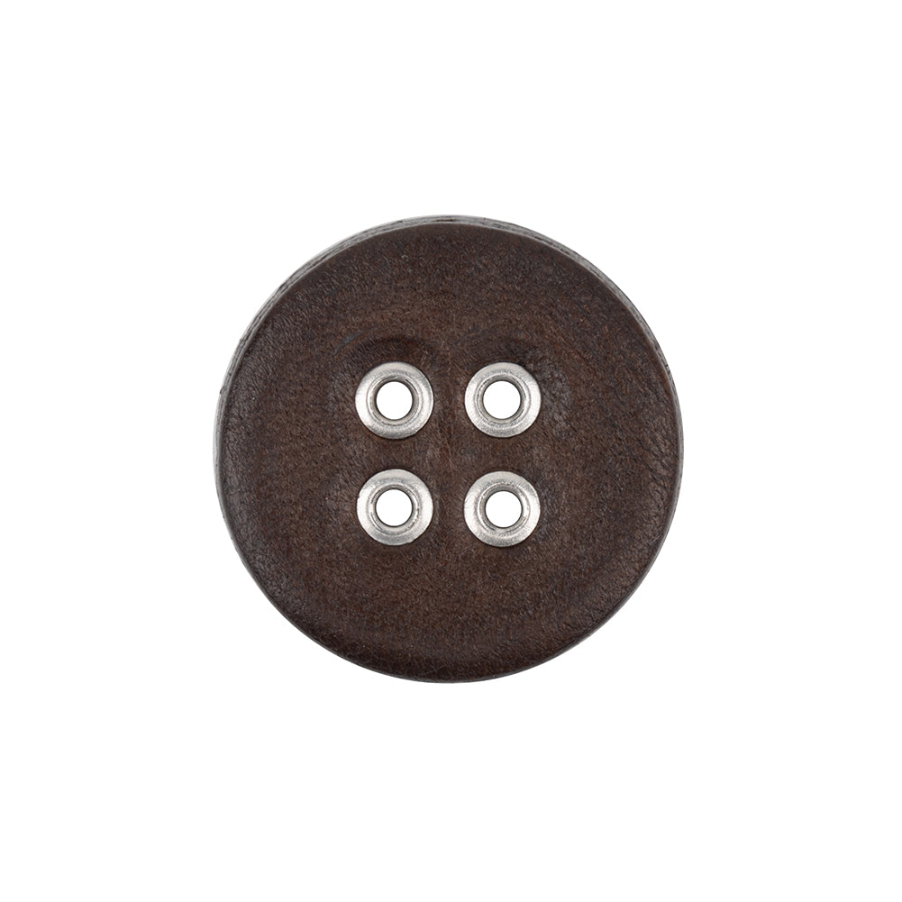 Italian Dark Brown and Shiny Silver Metal 4-Hole Leather Button - 34L/21.5mm