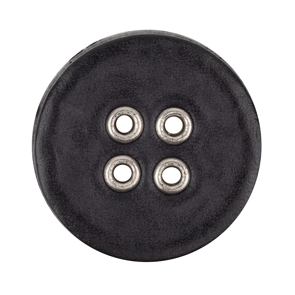 Italian Raven and Shiny Silver Metal 4-Hole Leather Button - 52L/33mm