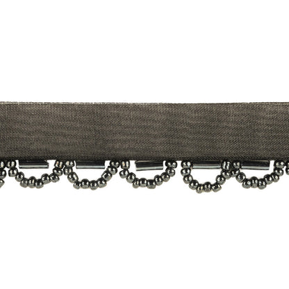 Gunmetal Bugle and Seed Beaded Scalloped Trim with Black Mesh Lip - 0.75" Detail