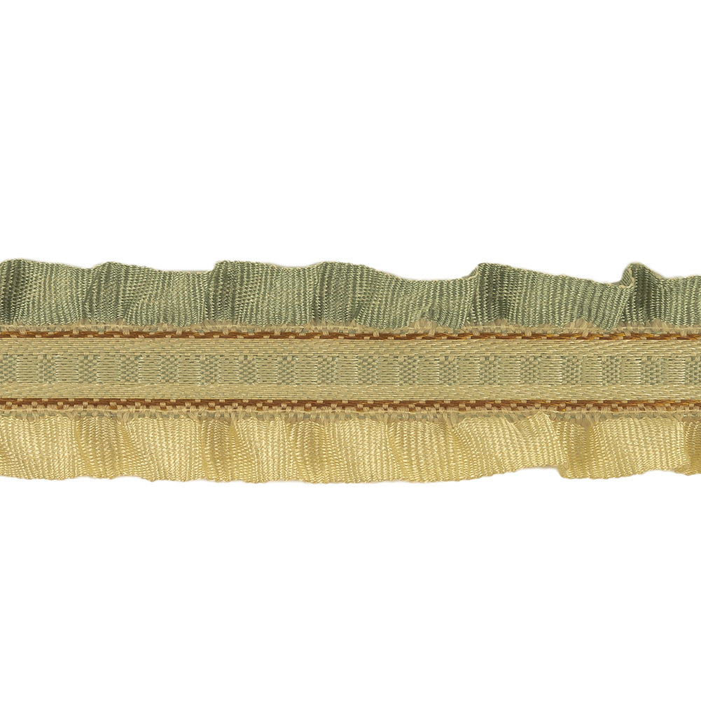 Sage, Cream and Antelope Geometric Satin Ribbon with Ruffled Grosgrain Edging - 0.75" Detail