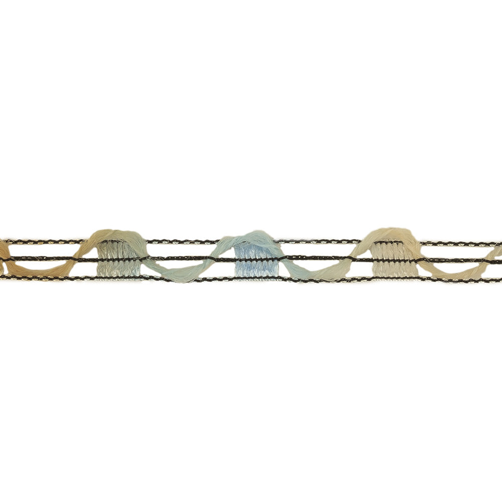 Blue, Beige and Black Variegated Rail Lace Trim - 0.375" Detail