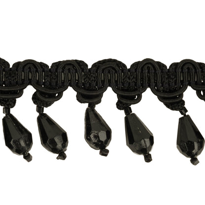 Black Braided Trim with Beaded Fringe - 1.25" Detail