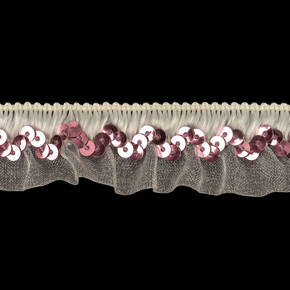 White Ruffled Organza Stretch Trim with Pink Sequins - 0.875" Detail