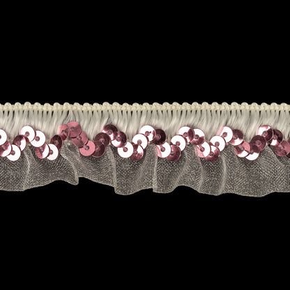White Ruffled Organza Stretch Trim with Pink Sequins - 0.875" Detail