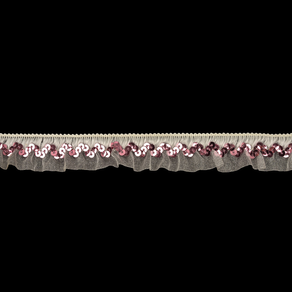White Ruffled Organza Stretch Trim with Pink Sequins - 0.875"