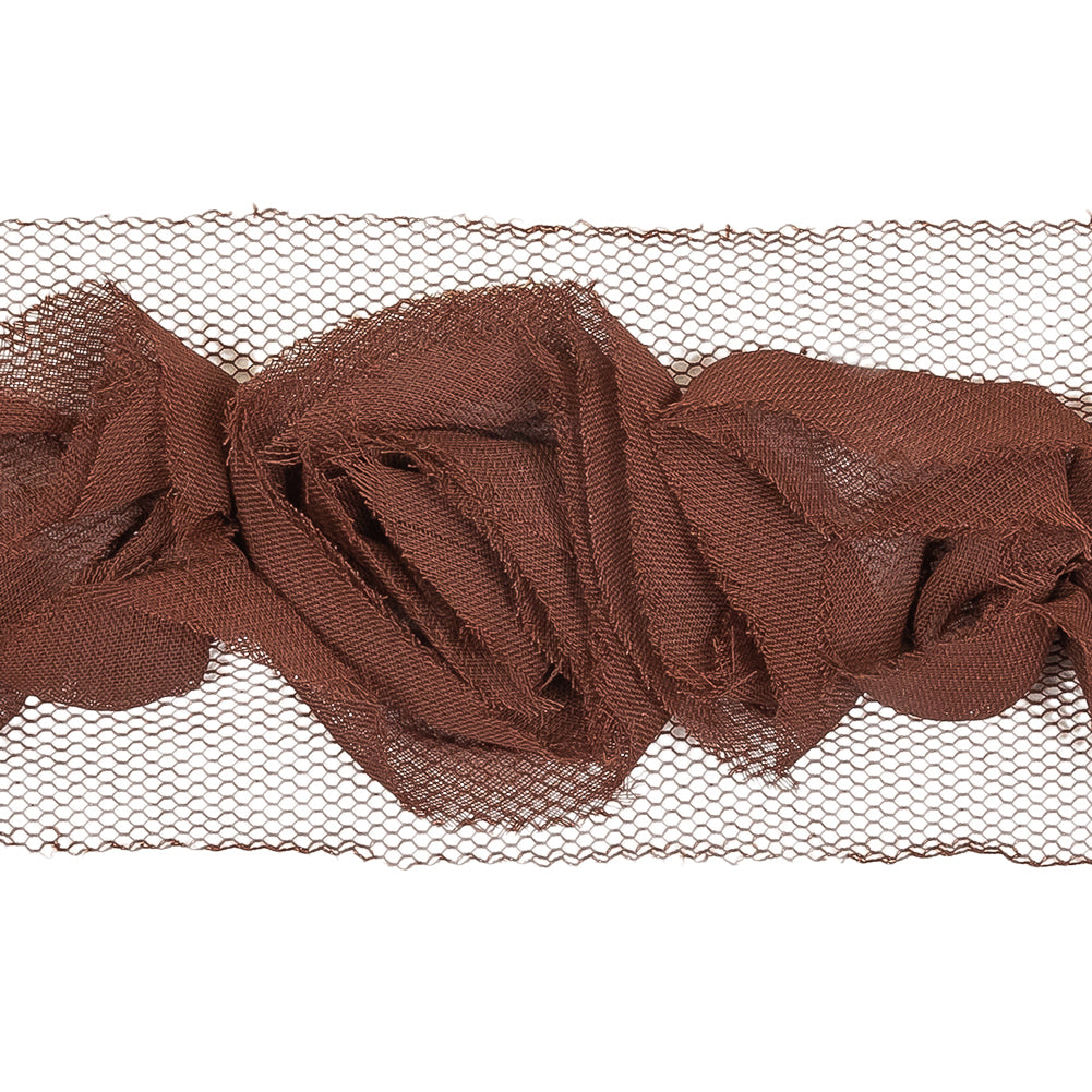 Brown 3D Chiffon Roses on Tulle Trim - 2.125" Detail