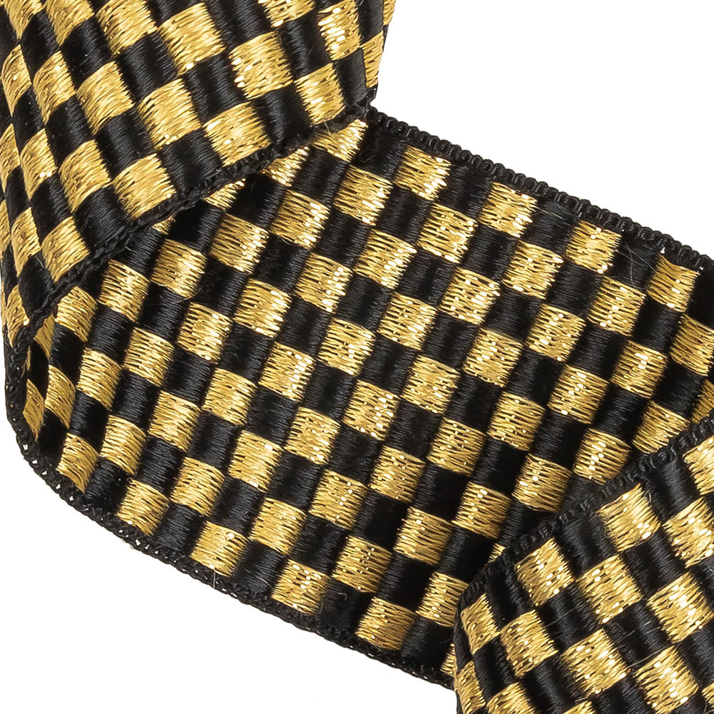 Black and Metallic Gold Checkerboard Satin Faced Woven Trim - 2" Detail