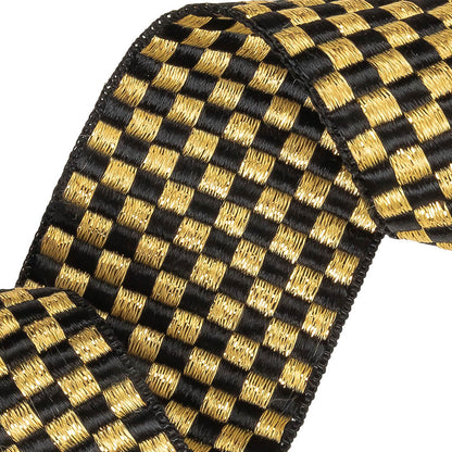Black and Metallic Gold Checkerboard Satin Faced Woven Trim - 2" Detail