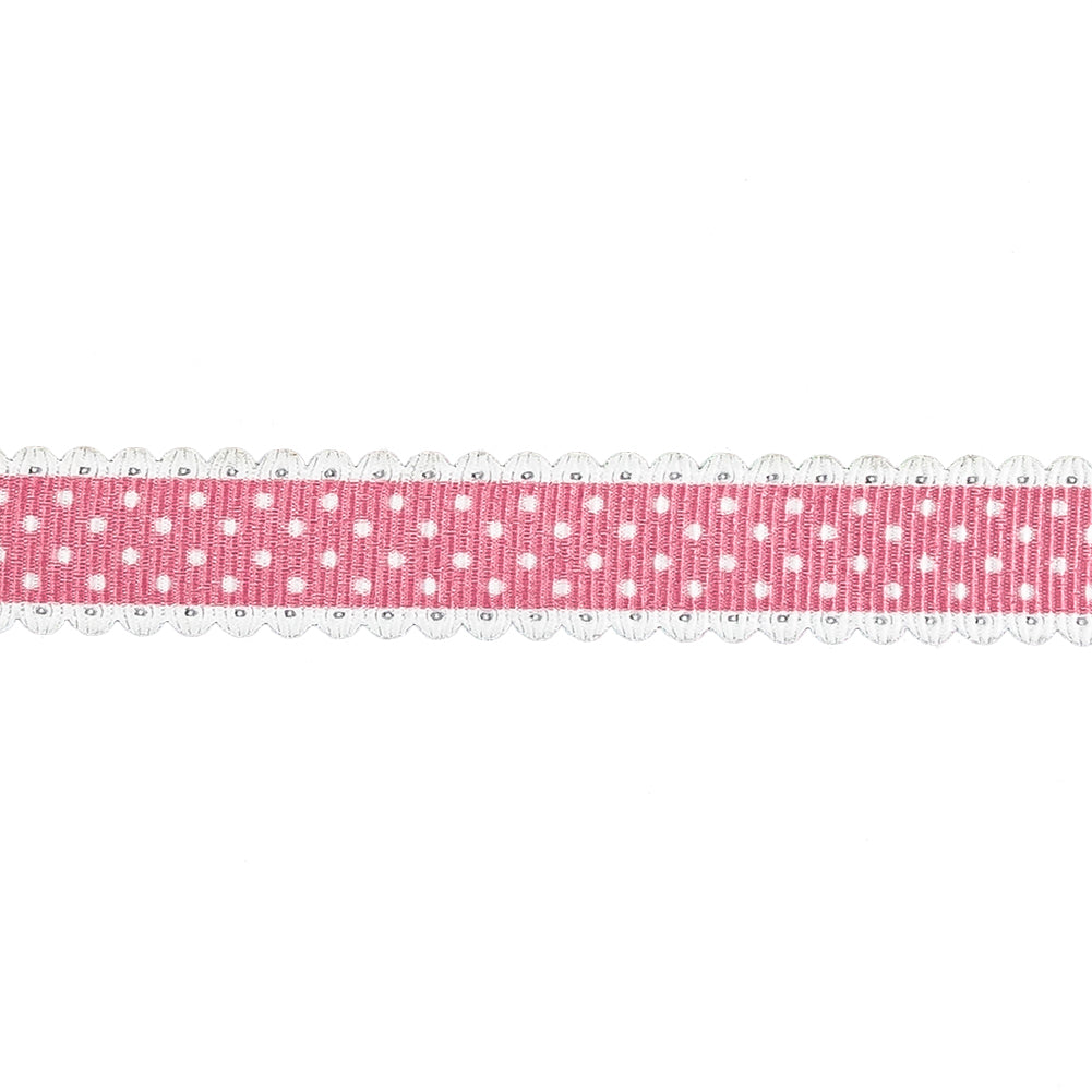 Pink and White Alyssum Scalloped Edge Polka Dot Grosgrain Ribbon - 0.625" Detail