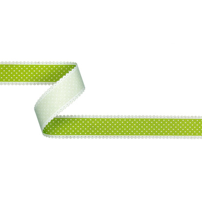 Lime Green and White Alyssum Scalloped Edge Polka Dot Grosgrain Ribbon - 1"
