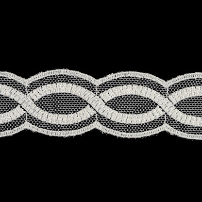 Bright White Twists Embroidered Lace Trim on Mesh - 1" Detail