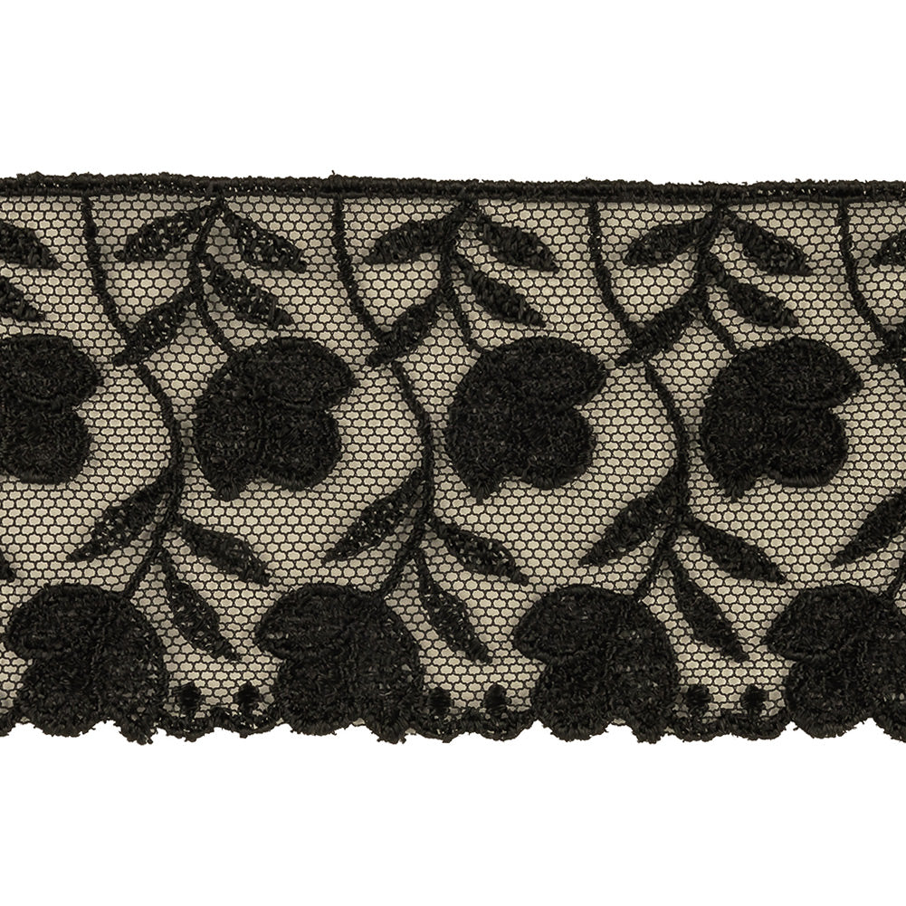 Black Tulips Embroidered Lace Trim - 2.25" Detail