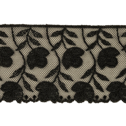 Black Tulips Embroidered Lace Trim - 2.25" Detail