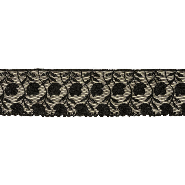 Black Tulips Embroidered Lace Trim - 2.25"