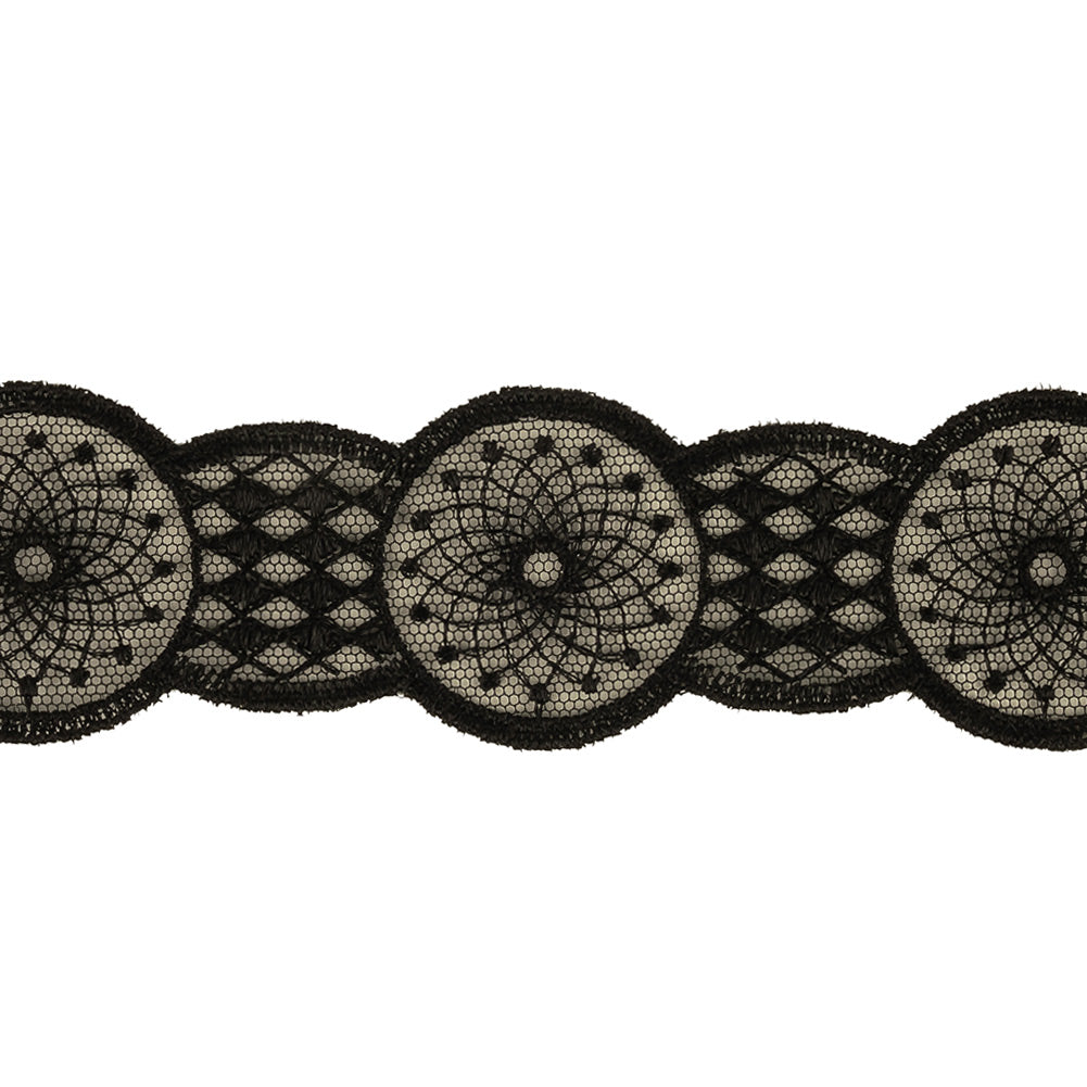 Black Medallion Embroidered Lace Trim - 1.5" Detail