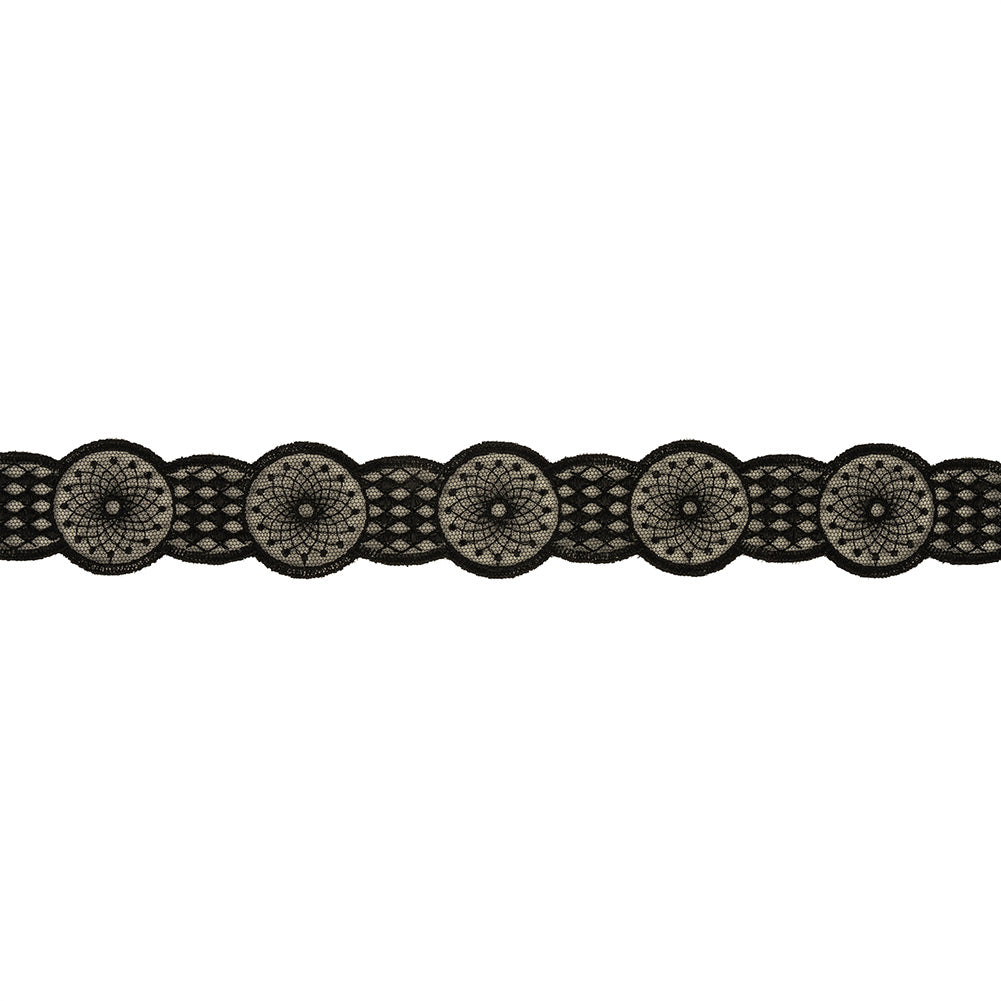 Black Medallion Embroidered Lace Trim - 1.5"