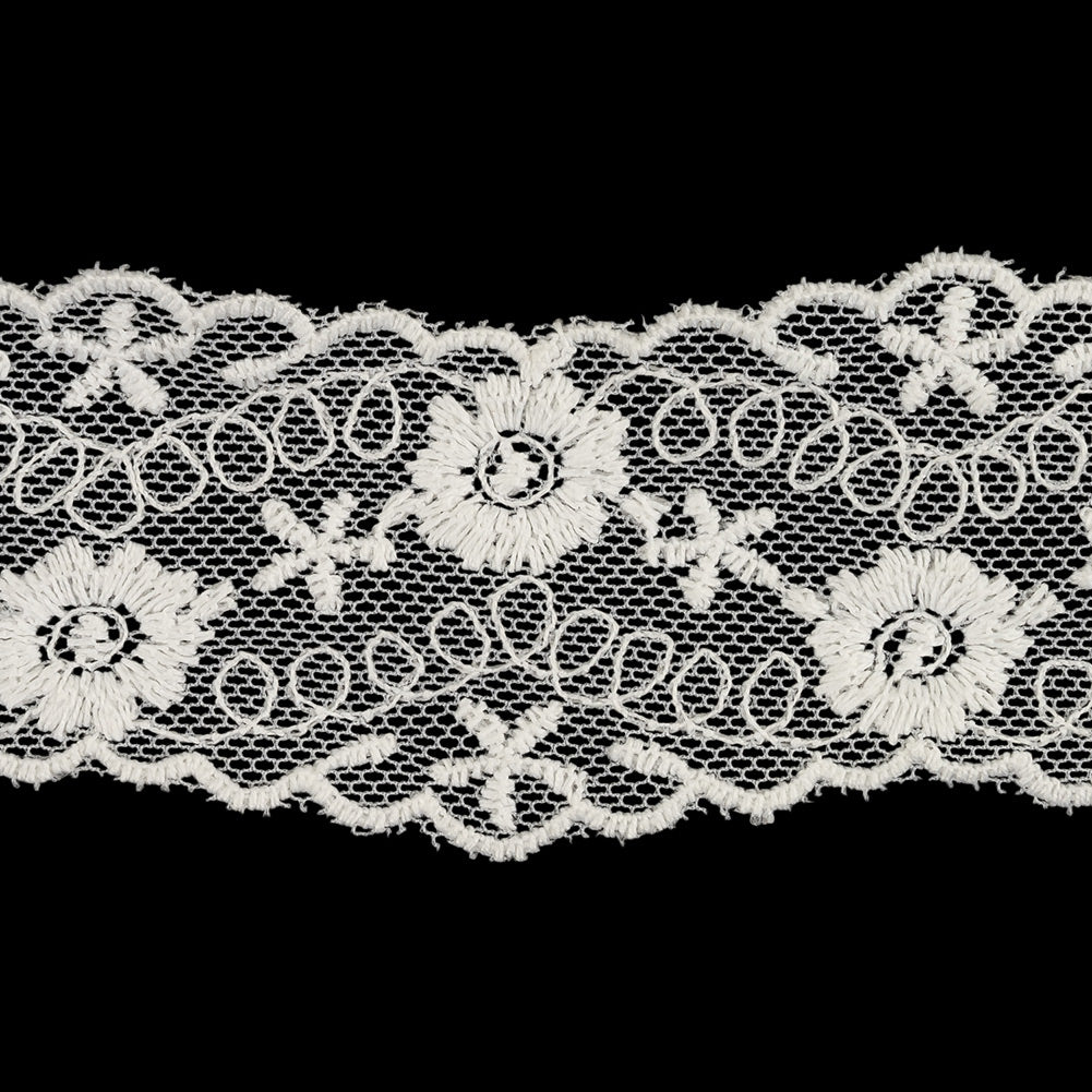 White Flowers and Loop de Loops Zig Zag Embroidered Lace Trim - 1.625" Detail