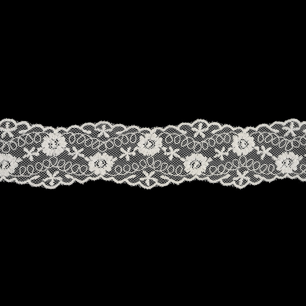 White Flowers and Loop de Loops Zig Zag Embroidered Lace Trim - 1.625"
