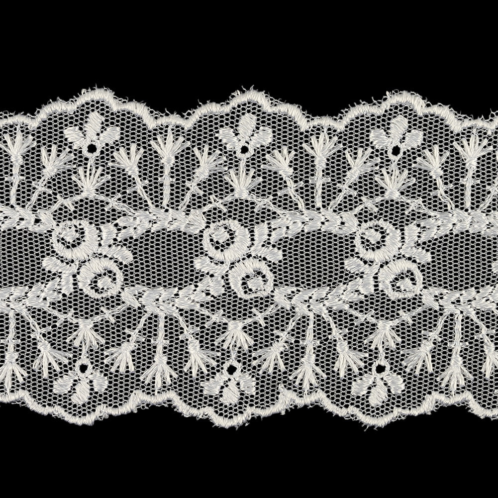 White Luminous Floral Embroidered Lace Trim - 2.375" Detail