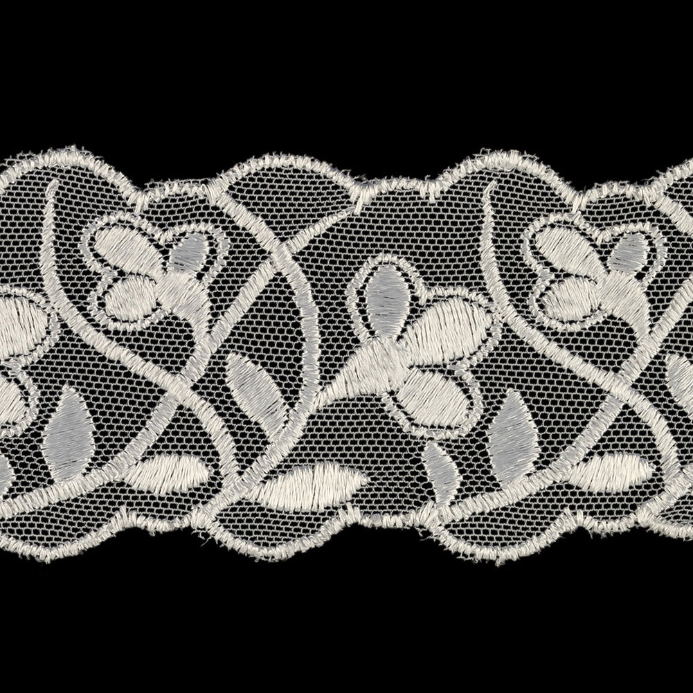Luminous White Wildflower Buds Embroidered Lace Trim - 2.125" Detail