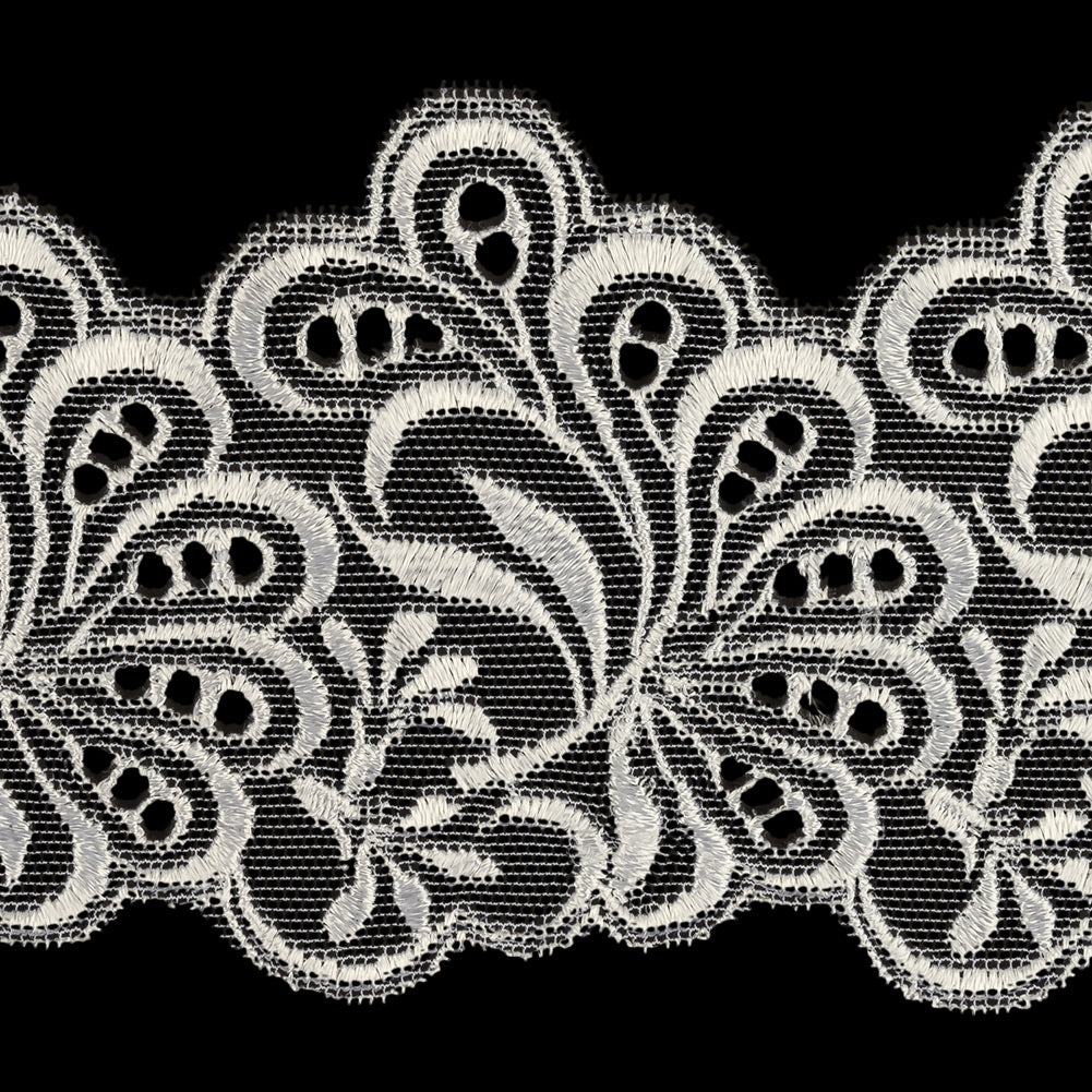White Luminous Leafy Stems Embroidered and Eyelet Lace Trim - 3" Detail