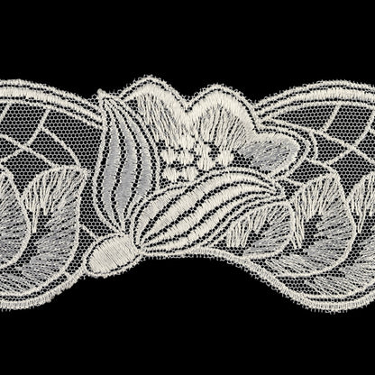 White Luminous Blooming Flowers Embroidered Lace Trim - 2.375" Detail