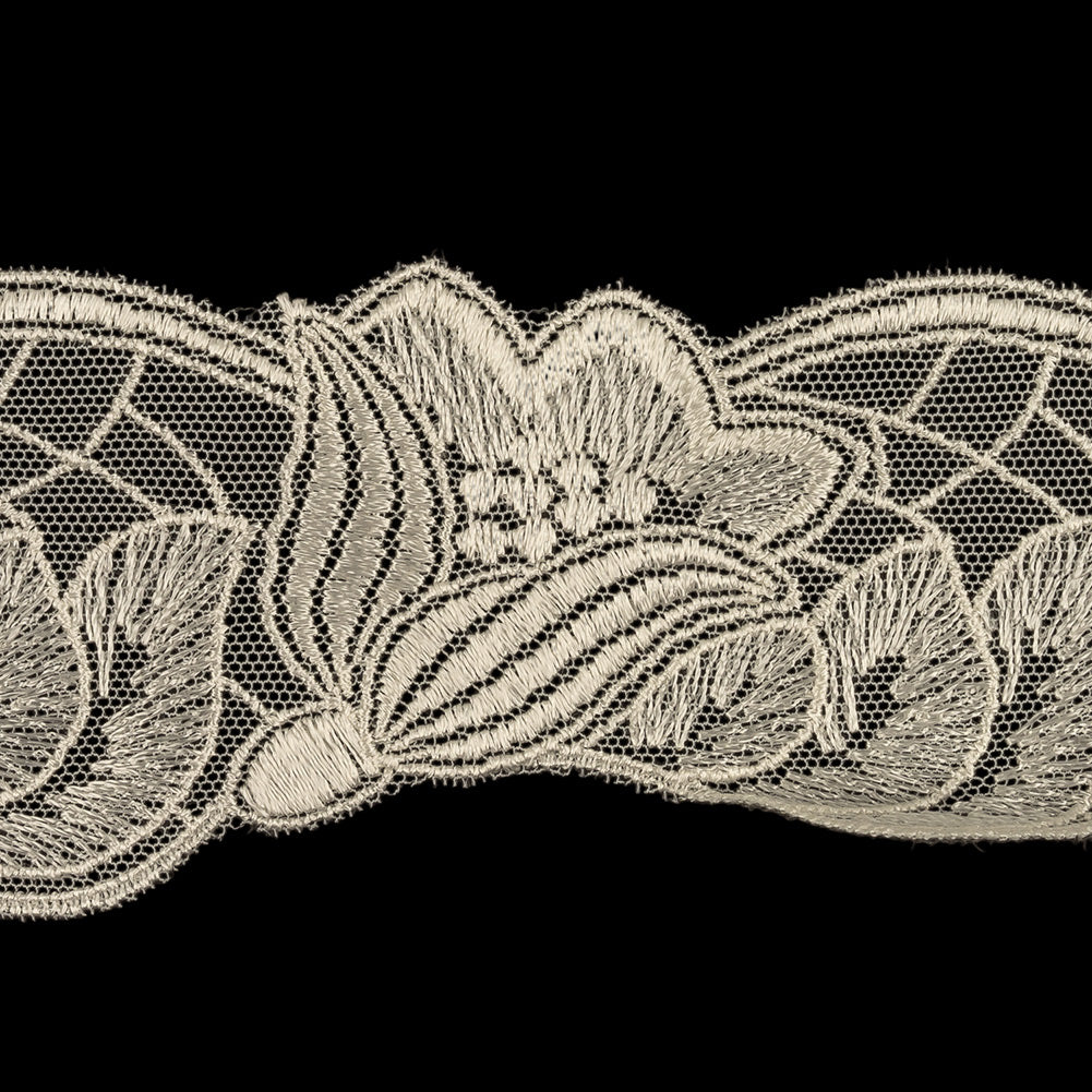Bone White Luminous Blooming Flowers Embroidered Lace Trim - 2.375" Detail