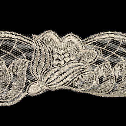 Bone White Luminous Blooming Flowers Embroidered Lace Trim - 2.375" Detail