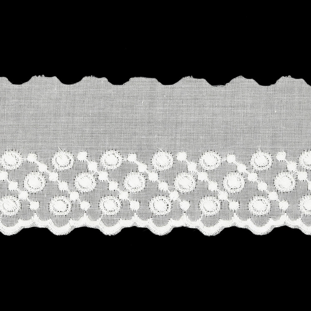 White Three-Row Dots Cotton Embroidered Lace Trim with Finished Scalloped Edge - 1.75" Detail