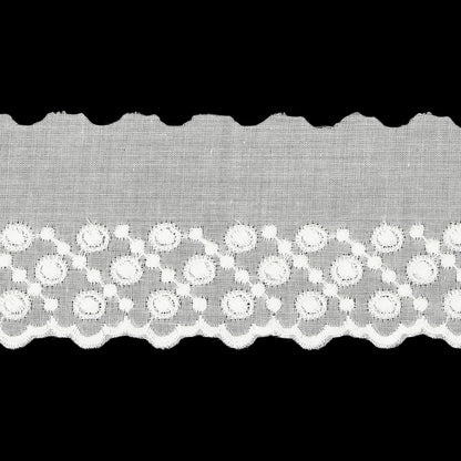 White Three-Row Dots Cotton Embroidered Lace Trim with Finished Scalloped Edge - 1.75" Detail