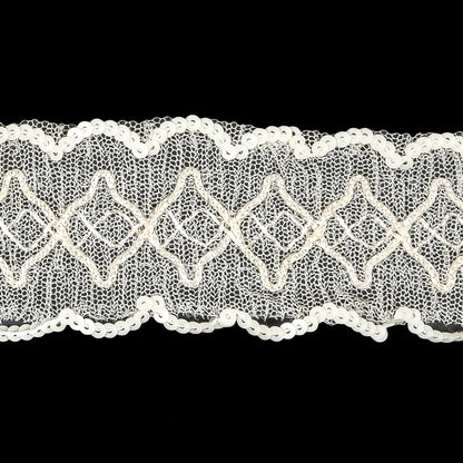 Iridescent Ivory Diamonds Embroidered and Sequined Lace Trim - 1.625" Detail