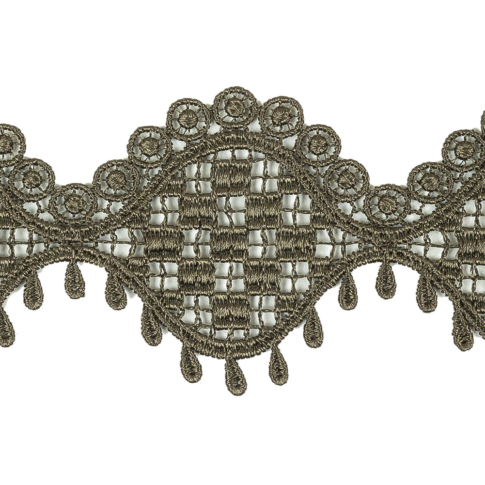 Olive Green Checks, Ogee, and Circles Venise Lace Trim with Teardrop Fringe - 2.125" Detail