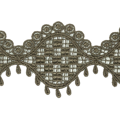 Olive Green Checks, Ogee, and Circles Venise Lace Trim with Teardrop Fringe - 2.125" Detail