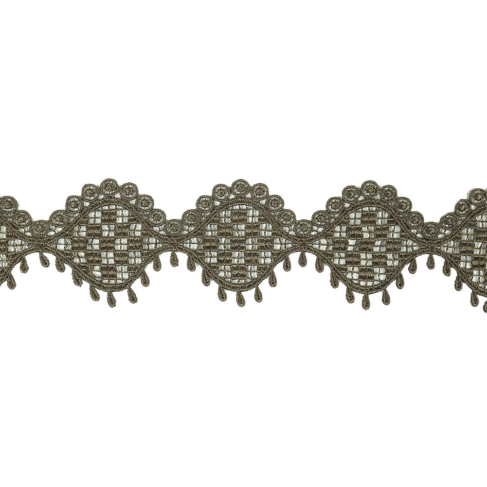 Olive Green Checks, Ogee, and Circles Venise Lace Trim with Teardrop Fringe - 2.125"