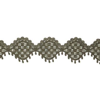 Olive Green Checks, Ogee, and Circles Venise Lace Trim with Teardrop Fringe - 2.125"