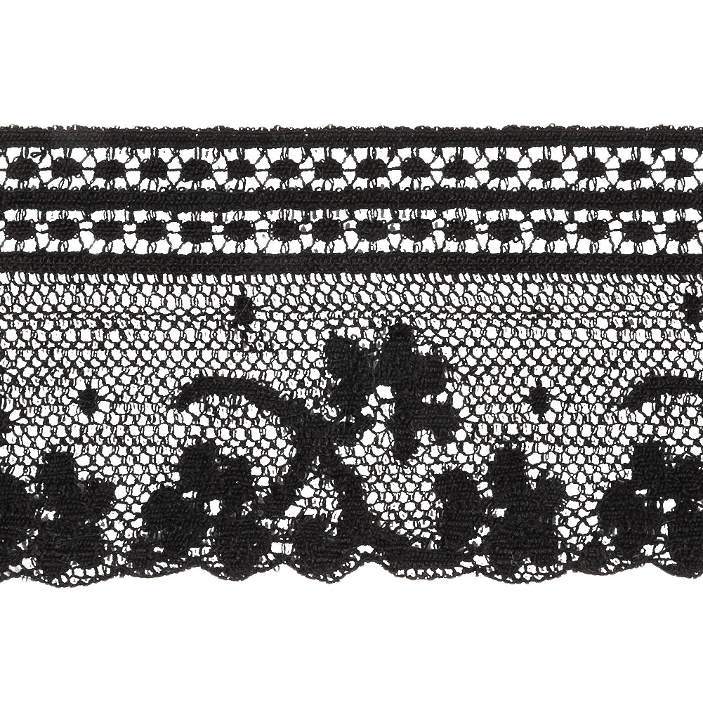Black Floral and Geometric Cotton Lace Trim - 2.25" Detail
